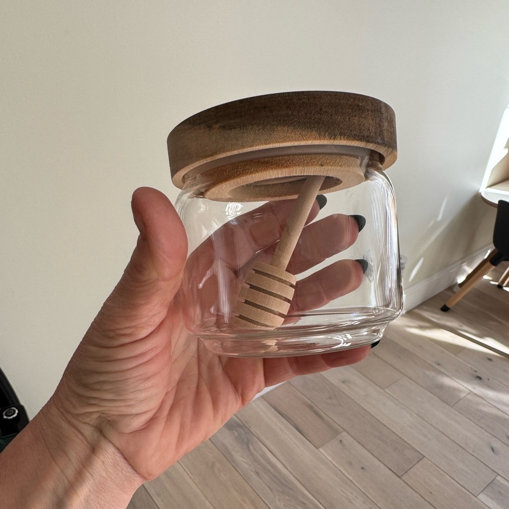 Glass Honey Jar with Wooden Lid and Dipper